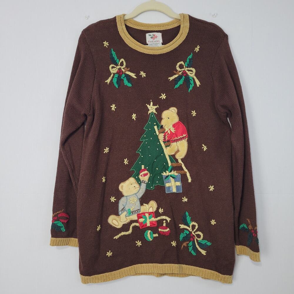 Vintage Teddy Bear Embroidered Christmas Pull Over Sweater size S Ramie Blend